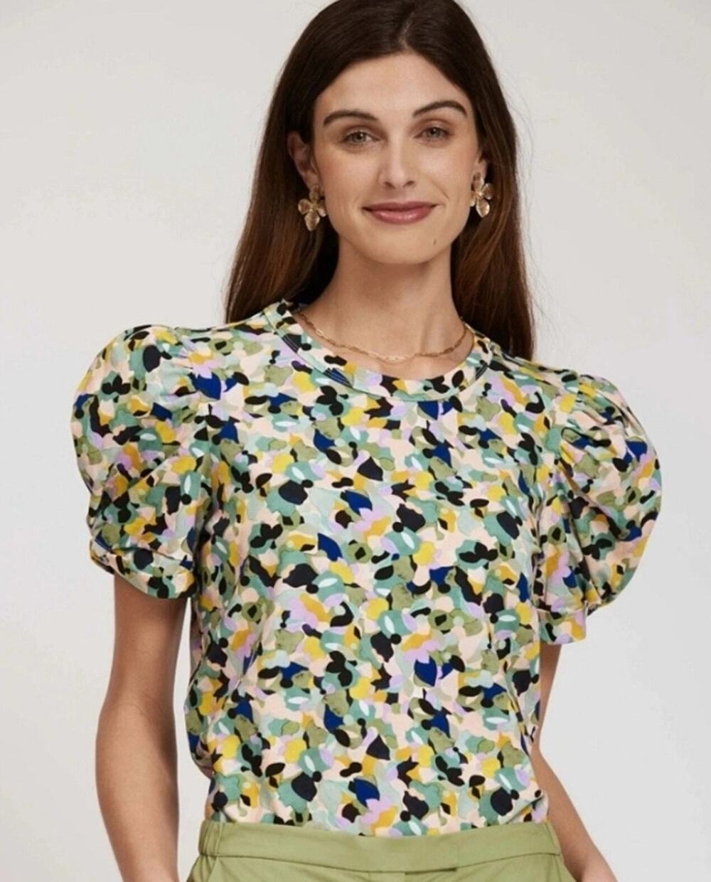 Tyler Boe Kari Abstract Floral Puff Sleeve Round Neck Blouse Green Womens XS